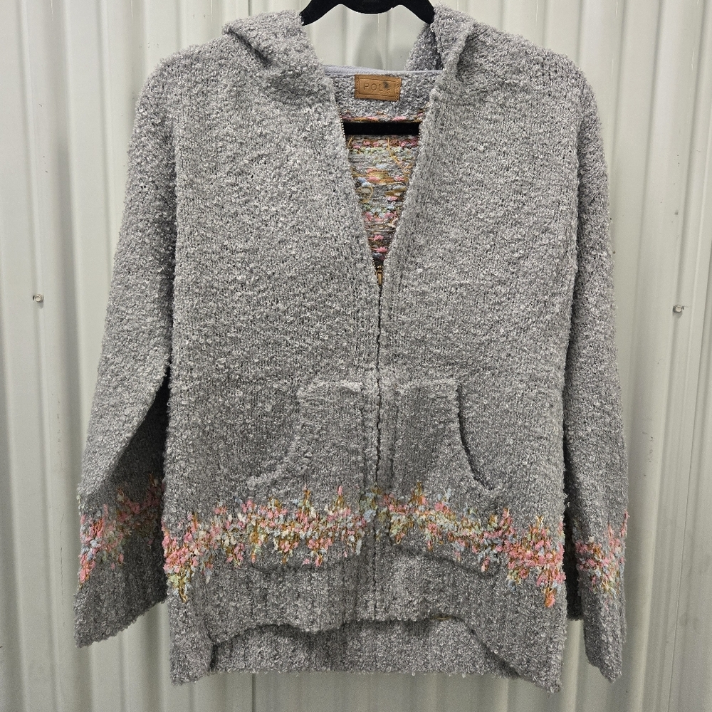 POL Gray Hooded Cardigan with Floral Accents
